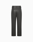 Back view of straight-leg vegan leather trousers in elegant finish