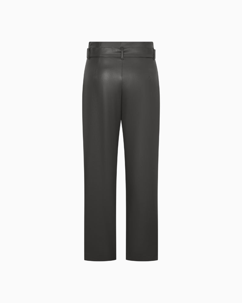 Back view of straight-leg vegan leather trousers in elegant finish