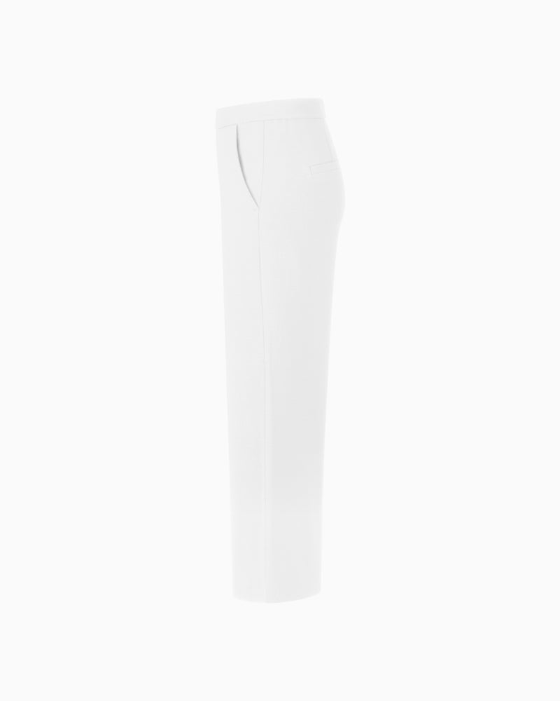 Raffaello Rossi Palina white trousers, side view highlighting fluid drape – Áines Boutique