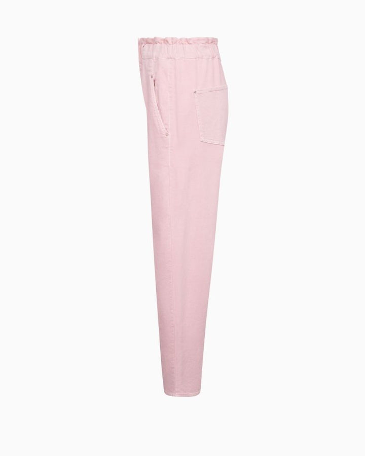 Side view of Raffaello Rossi tapered leg trousers showing soft flowing fabric