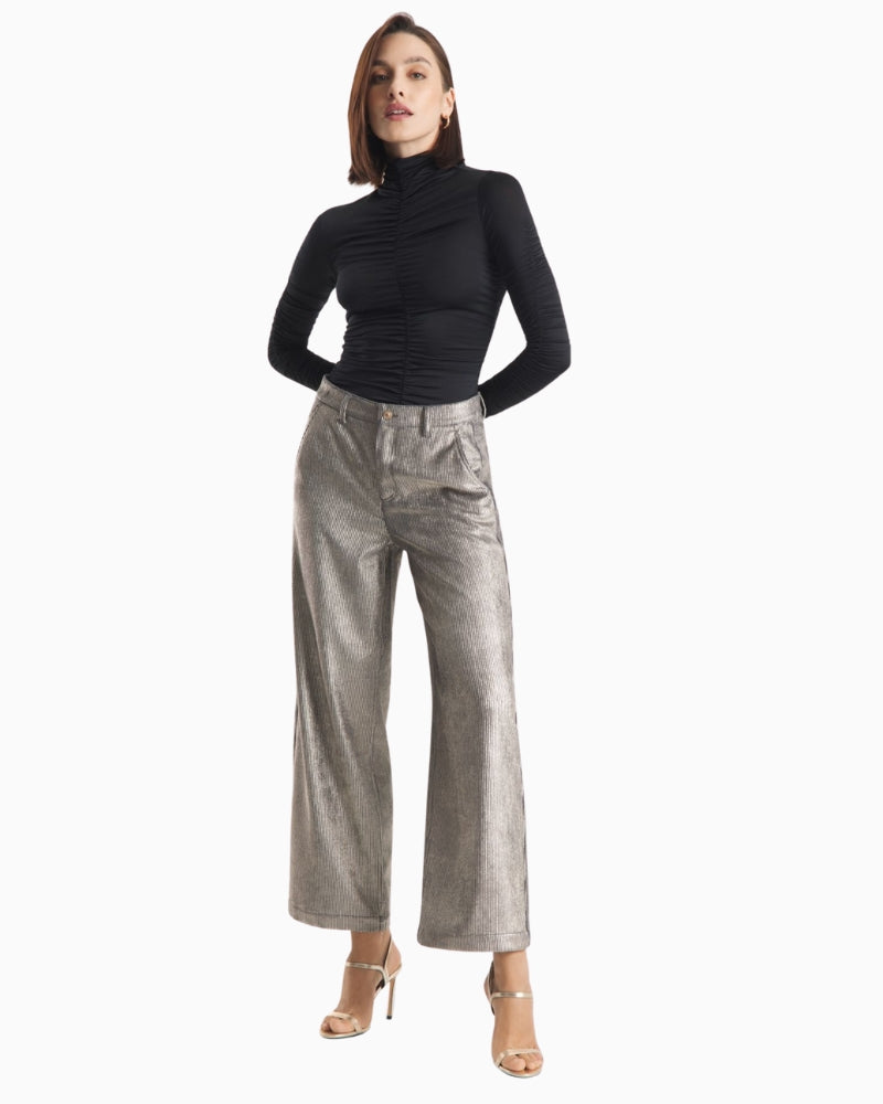 Front view of Raffaello Rossi Yuki corduroy trousers in soft gold print