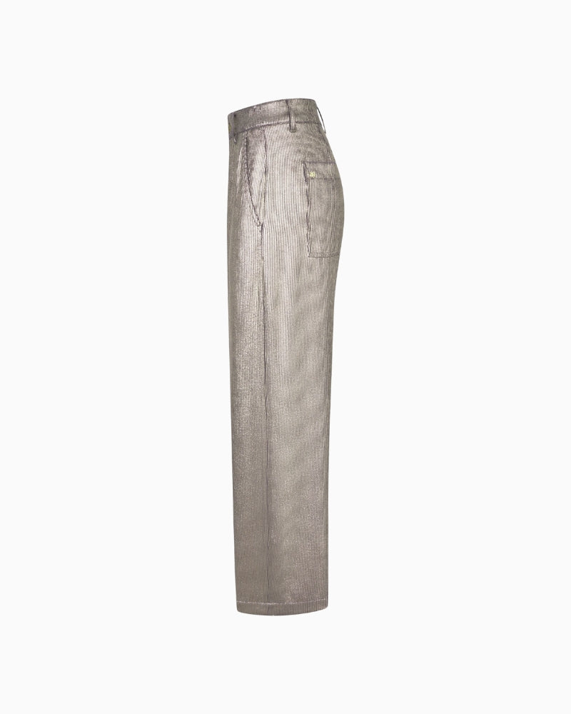 Side view highlighting chino style waistband and cropped length