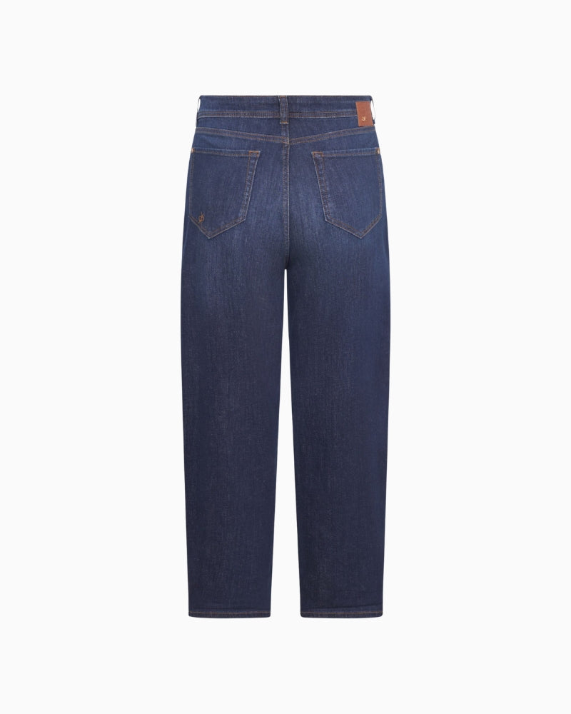 Back view of high waist denim jeans with classic pocket design