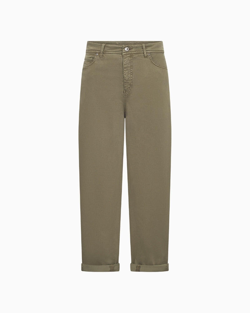 Cropped khaki jeans with high waist and O-shape silhouette