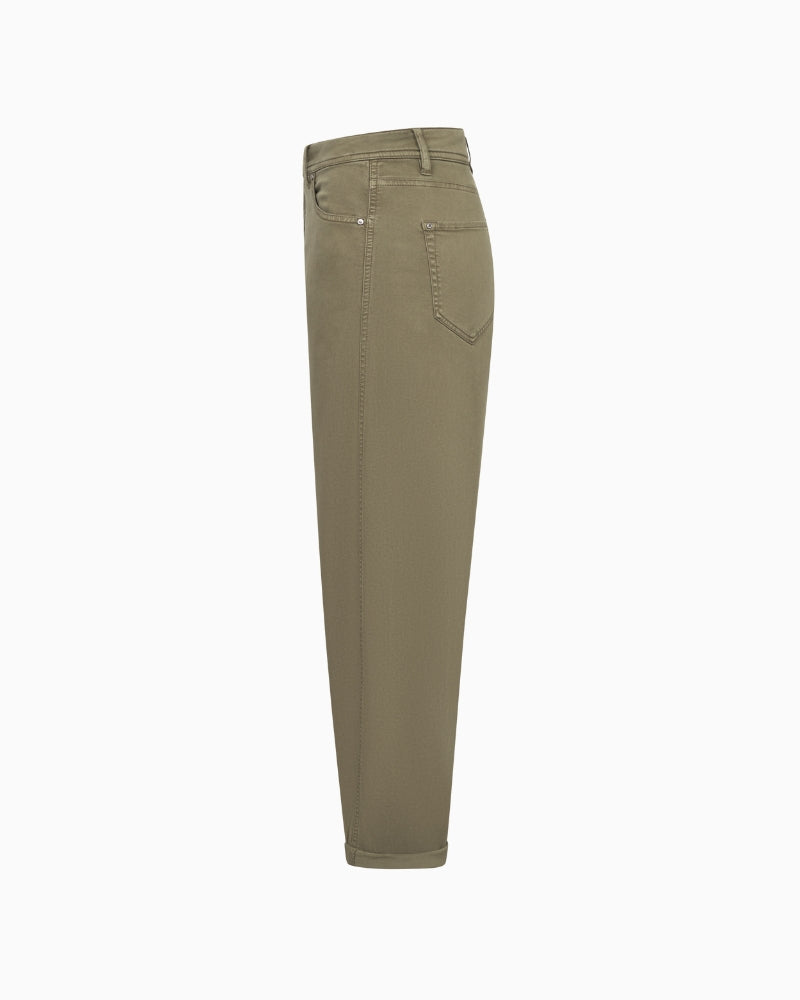 Side view showing flattering high-rise fit and relaxed leg