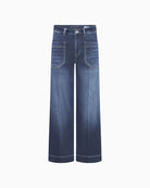 High-rise wide-leg dark denim trousers by Raffaello Rossi, front view