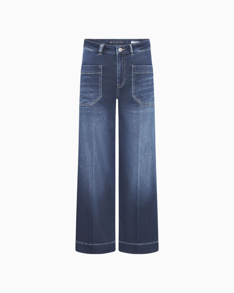 High-rise wide-leg dark denim trousers by Raffaello Rossi, front view