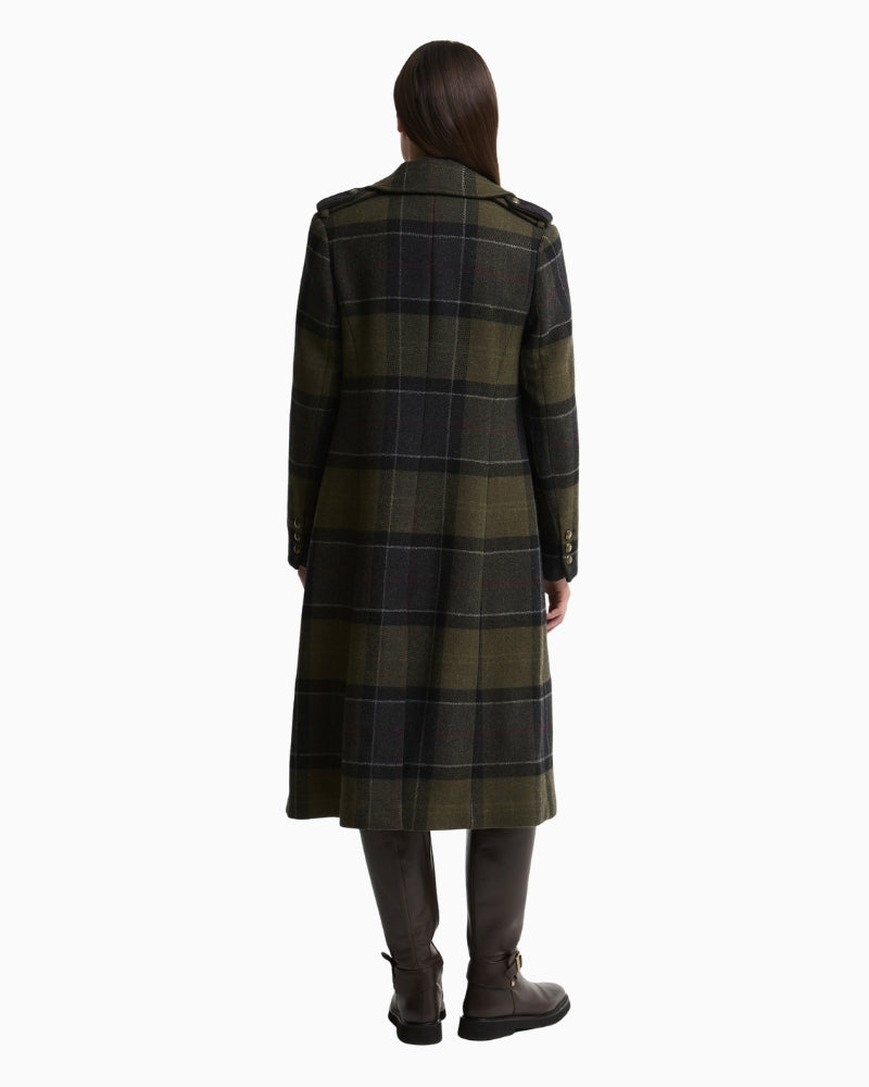 Rear view of Barbour Cottemore navy checked coat