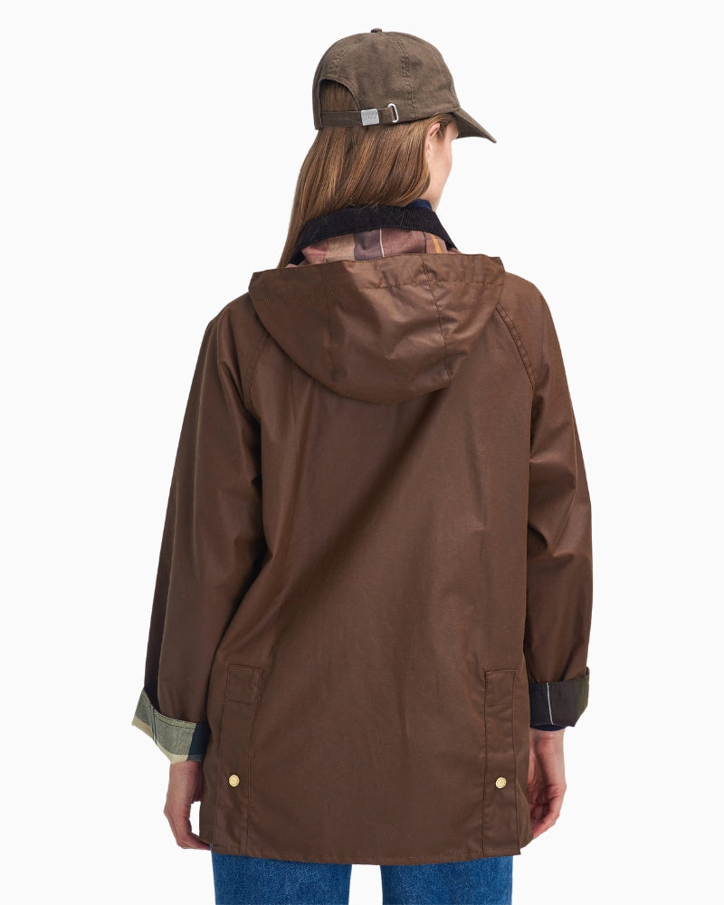 Rear view of Barbour Highclere brown wax jacket