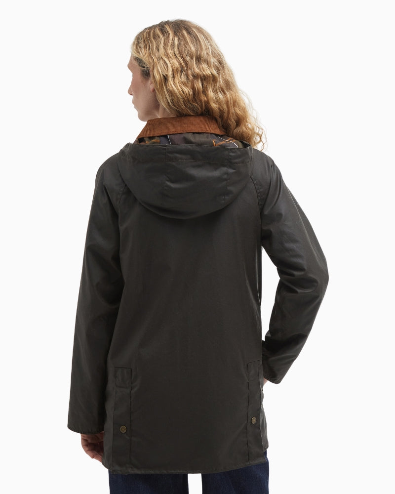 Rear view of Barbour Highclere olive wax jacket
