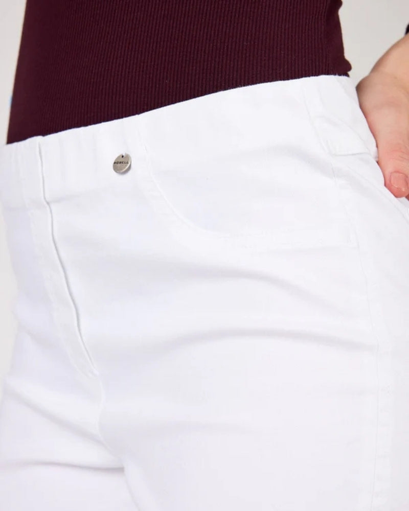 Close-up of Robell Bella 05 white denim fabric and elastic waistband detail – Áines Boutique