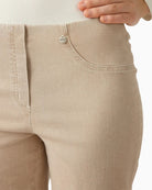 Close-up of Robell Bella 05 denim fabric and elastic waistband detail – Áines Boutique