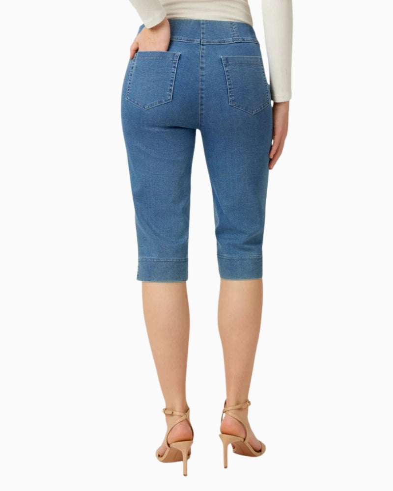 Robell Bella 05 sea blue denim shorts, back view showing pockets – Áines Boutique