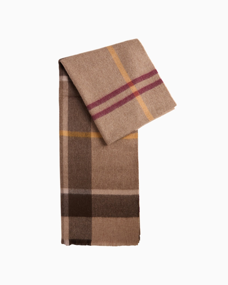 Rosefeild beige tartan scarf folded with brown and burgundy check pattern