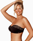 Side view of Black strapless bra by Royal Lounge with lace detail and seamless cups