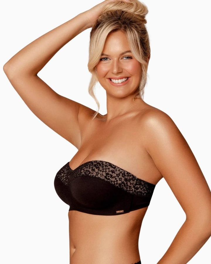 Side view of Black strapless bra by Royal Lounge with lace detail and seamless cups