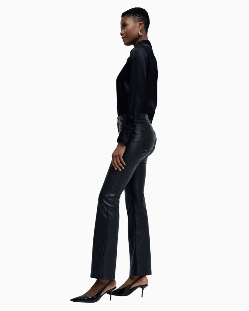 Side view of black bootcut jeans in sleek leather-look fabric