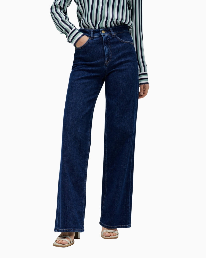 Front view of wide leg high waist jeans with belt loops