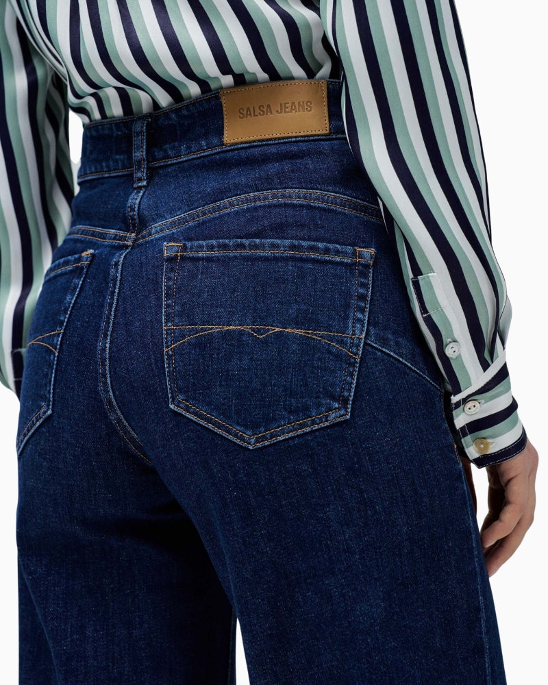Close-up of waist shaping detail on Salsa Faith wide leg jeans