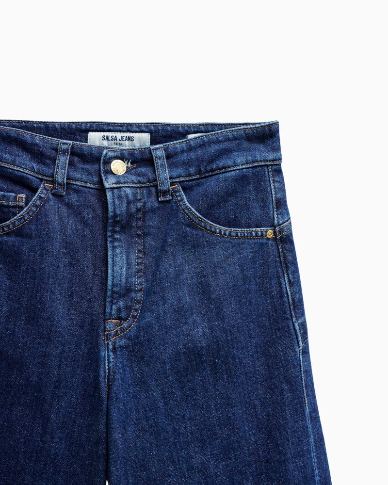 Close-up of waist shaping detail on Salsa Faith wide leg jeans