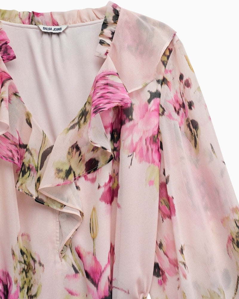 Close-up of Salsa floral dress pink V-neck ruffle detail – Áines Boutique