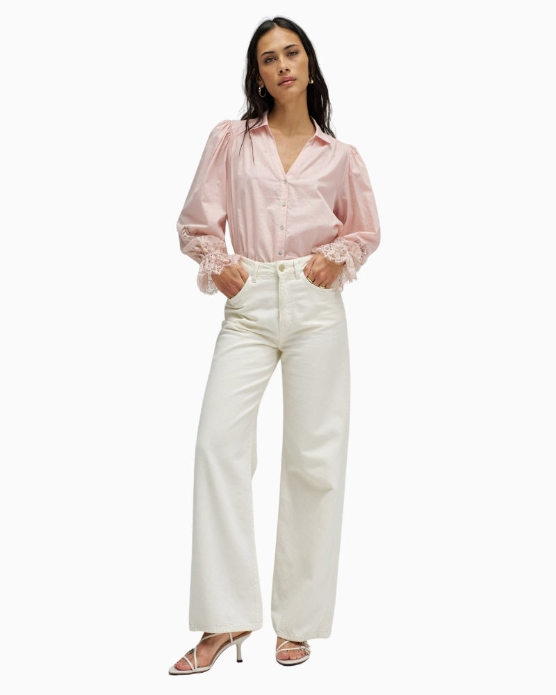 Woman wearing Salsa lace detail shirt light pink – Áines Boutique