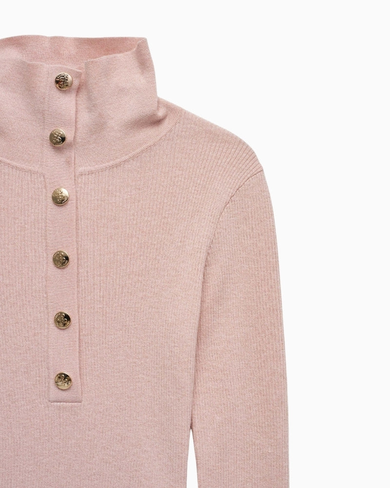 Close-up of Salsa pink polo knit gold button neckline detail – Áines Boutique