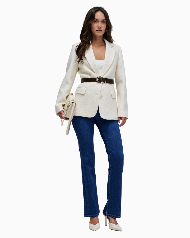 Front view of Salsa blue bootcut jeans with side zip and faux pockets