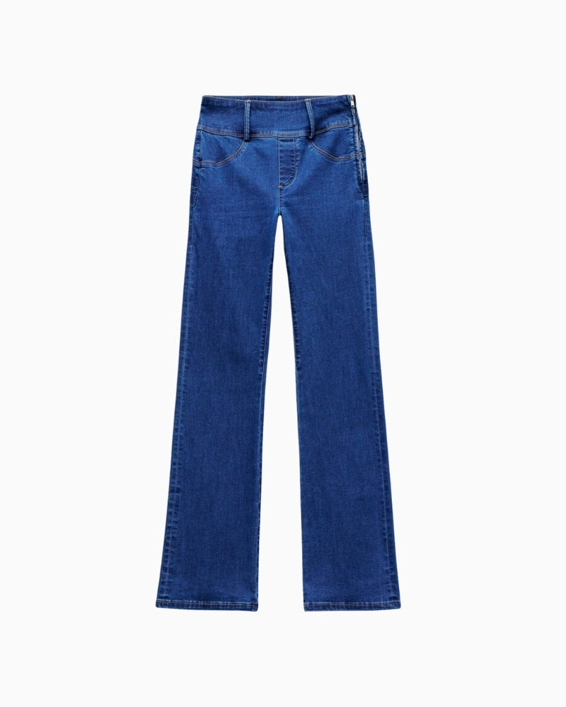 Front view of Salsa blue bootcut jeans with side zip and faux pockets