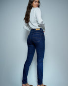 Side view of skinny jeans with slim leg and push-up effect darts