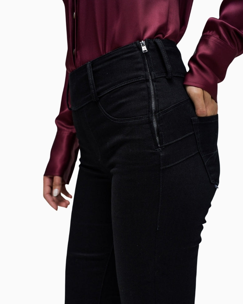 Close-up of waistband and side zip detail on Salsa Secret Silhouette jeans