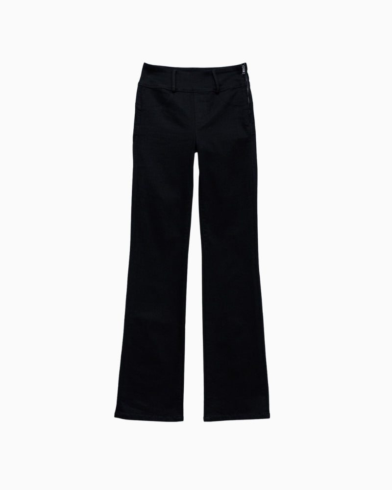 Front view of Salsa black bootcut jeans with side zip and faux front pockets