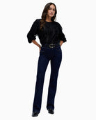 Front view of Salsa dark blue bootcut jeans with side zip and faux pockets