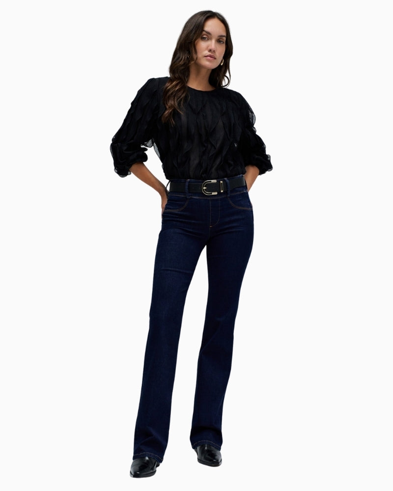 Front view of Salsa dark blue bootcut jeans with side zip and faux pockets