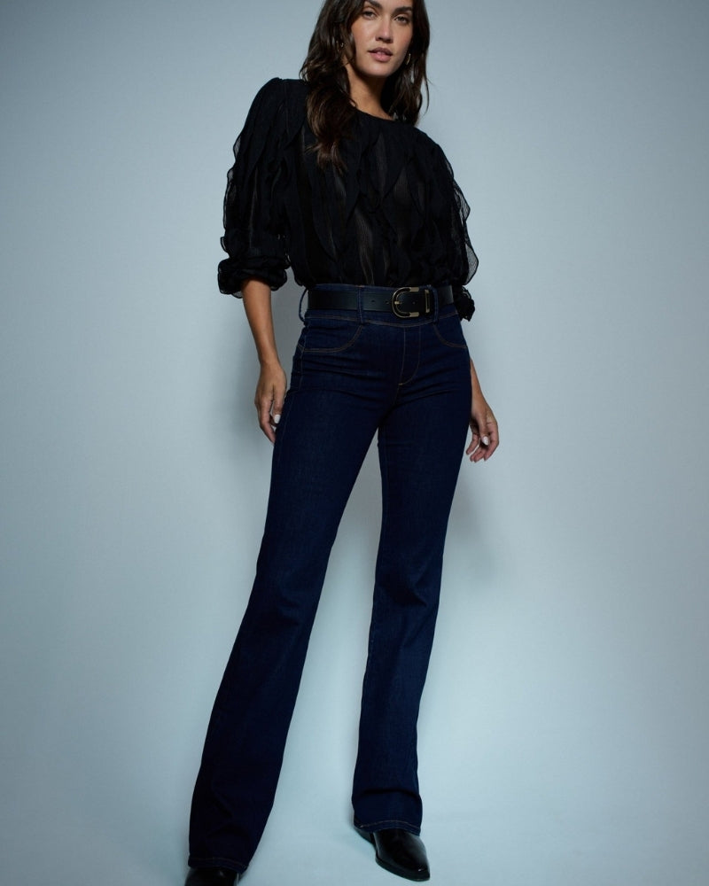 Front view of Salsa dark blue bootcut jeans with side zip and faux pockets