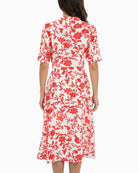 Salsa red floral dress back view showing structured fit and calf length