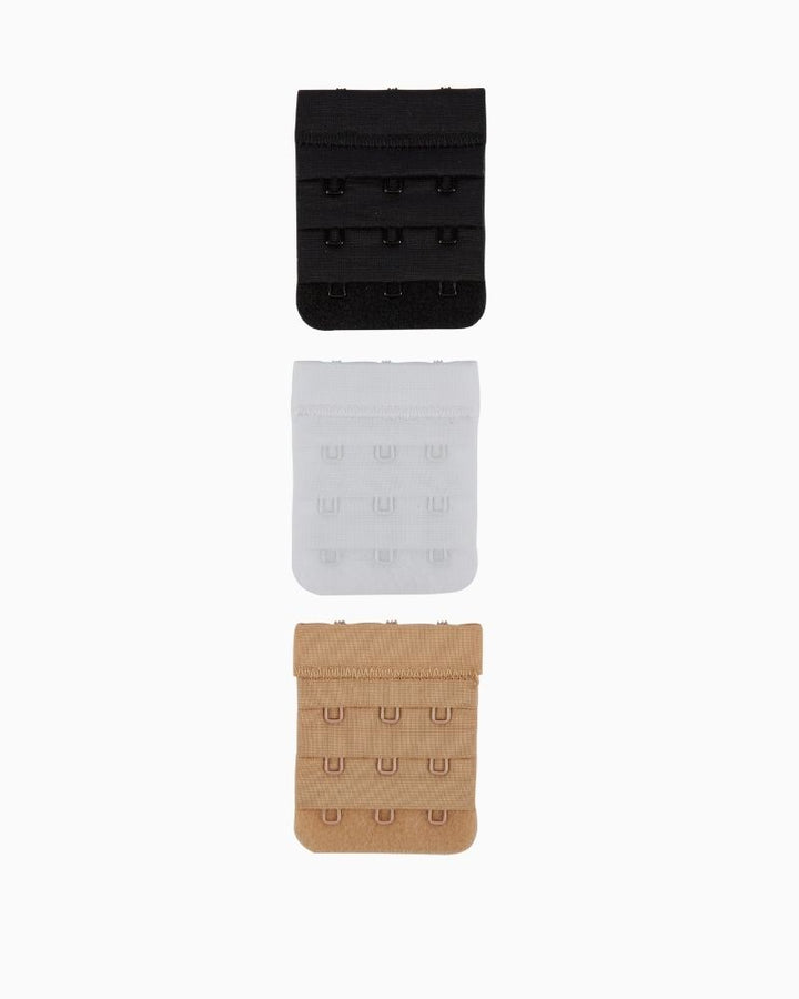 Secret Weapons 3-Pack Bra Strap Extenders in beige, black, and white with soft brushed backing