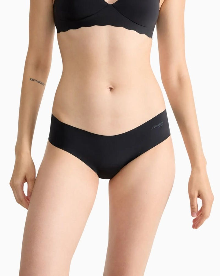 Front view of Sloggi lightweight black hipster briefs with seamless finish