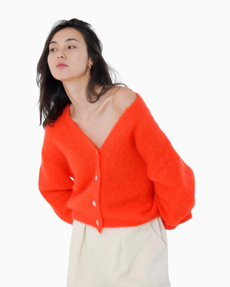 TWNS The Label Malia Cardigan in red V-neck and button detail