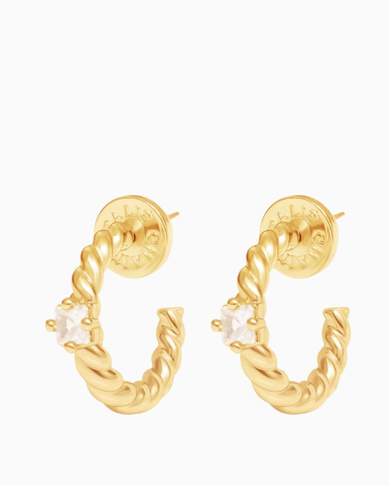 Pair of twist hoop earrings with cubic zirconia shown with linen drawstring pouch