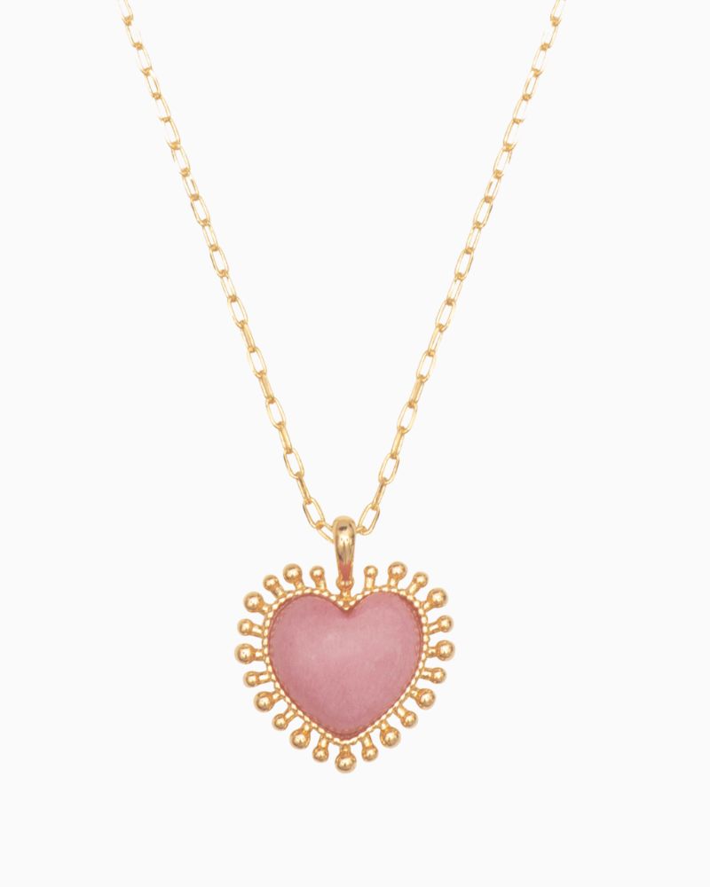 Close-up of hand-cut Pink Jade stone heart pendant with freshwater pearl detail