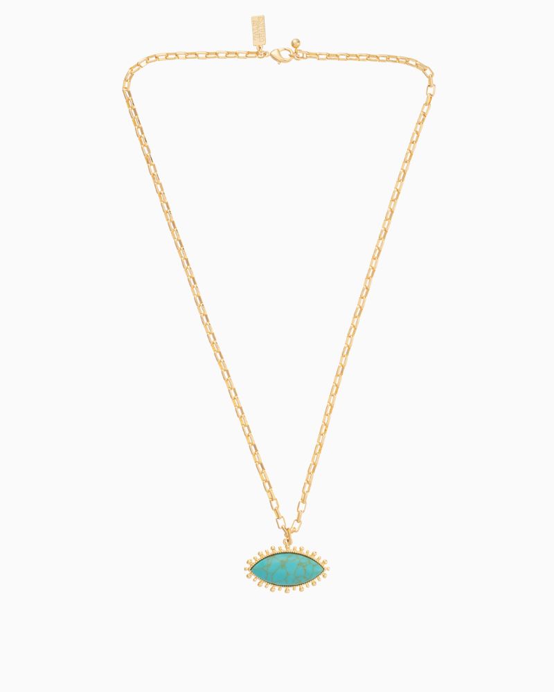 Full view of gold plated turquoise pendant necklace with lobster clasp fastening
