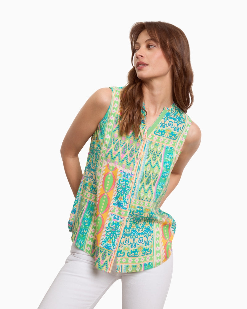 Tinta Capri turquoise V neck top, front view on model – Áines Boutique