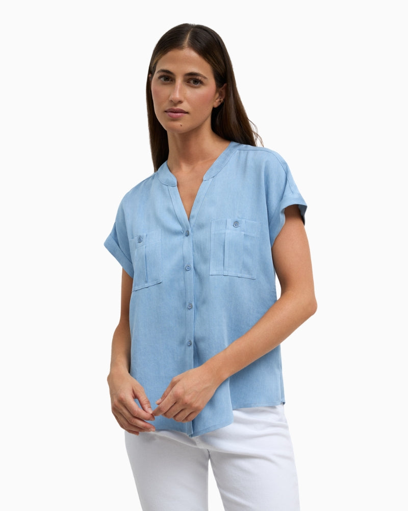 Tinta Doty denim short sleeve blouse, front view on model – Áines Boutique
