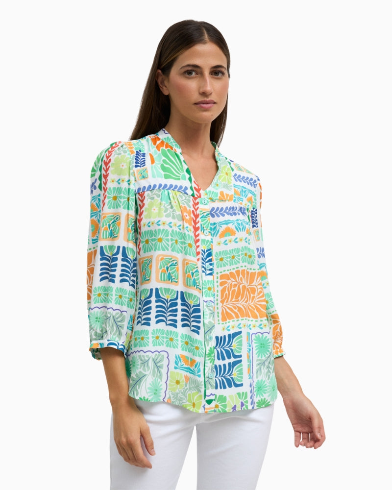 Tinta Kimberly lime blouse, front view on model – Áines Boutique