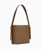 Back view of shoulder bag with woven strap and subtle logo