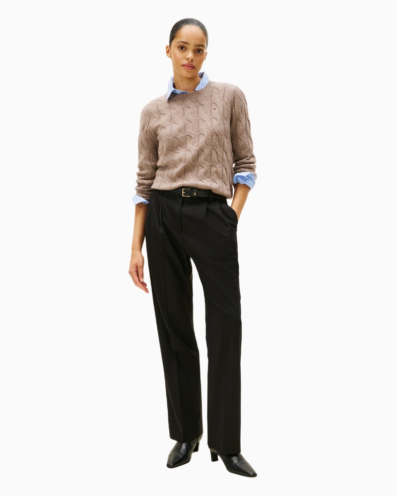 Front view of beige crew-neck jumper with ribbed cuffs