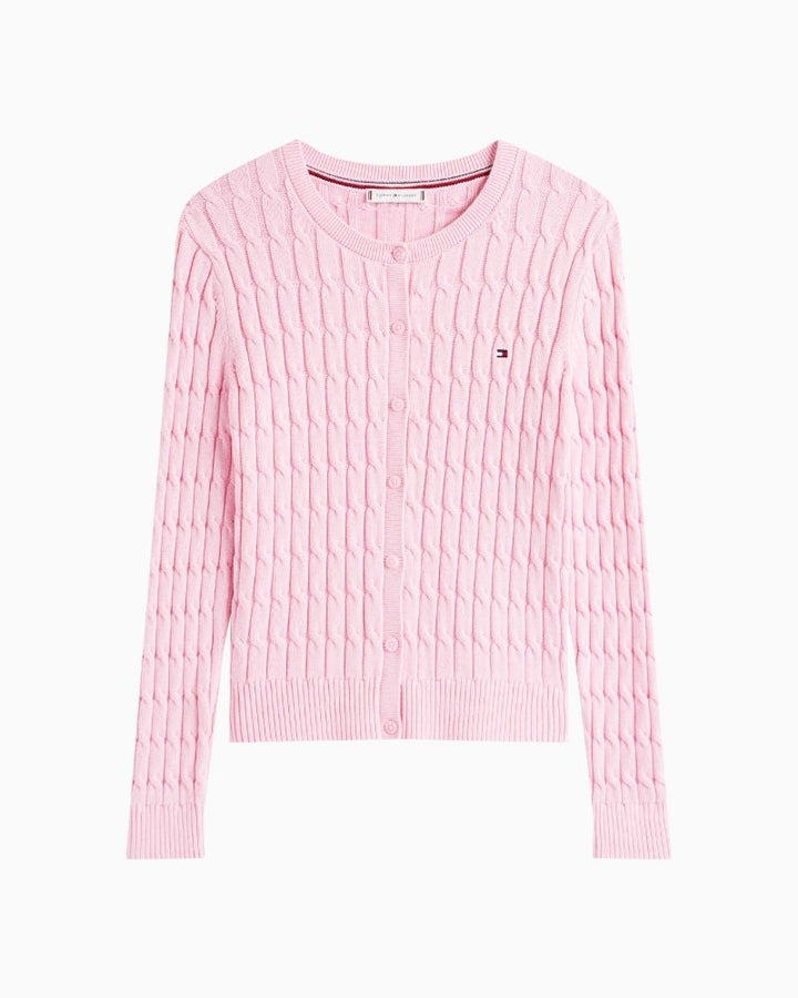 Tommy Hilfiger pink cotton cardigan with cable knit texture and crew neckline