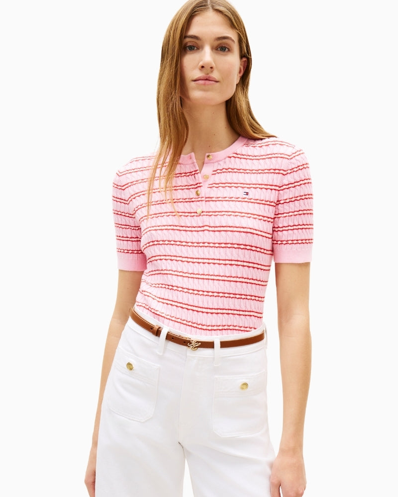 Woman wearing Tommy Hilfiger pink striped cable knit top front view – Áines Boutique