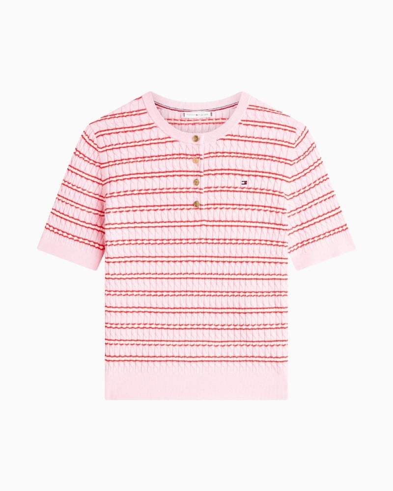 Tommy Hilfiger pink striped cable knit top front view – Áines Boutique